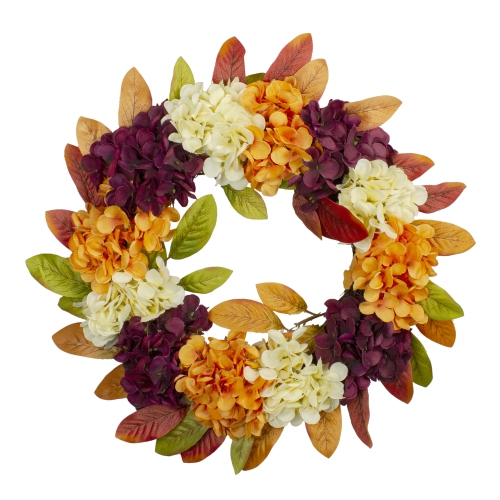 Couronne de fleurs artificielles de feuilles et hydrangées, orange, 20 po