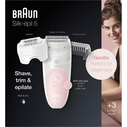 Image 1 de 4.. Braun Silk- Epil 5 | SES5-620- épilateur avec ou sans mousse - retrait pour femmes - rasoir et tondeuse - sans fil - rechargeable - Flamingo Na -
