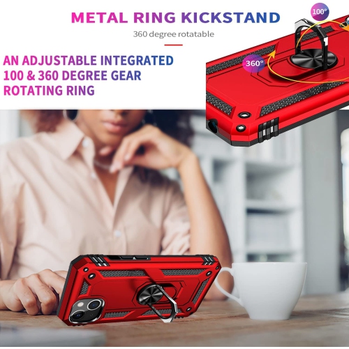【SuperShield】Anti-Drop Rubberized Hybrid Magnetic Kickstand Shockproof Case with 360 Rotating Ring Holder for Apple iPhone 14 Case Cover - Red