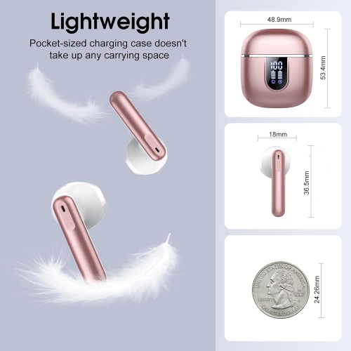 2025 New Bluetooth Rose Gold 5.4 Wireless Earbuds – Mini HiFi Stereo, 4 ENC Noise Cancelling Mics, 40H Battery, USB-C, IP7 Waterproof – Ideal for