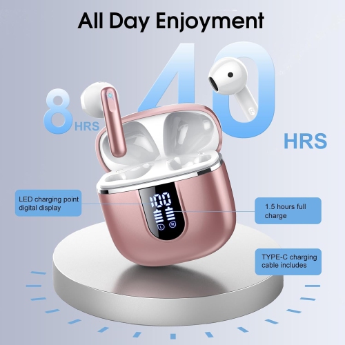 2025 New Bluetooth Rose Gold 5.4 Wireless Earbuds – Mini HiFi Stereo, 4 ENC Noise Cancelling Mics, 40H Battery, USB-C, IP7 Waterproof – Ideal for