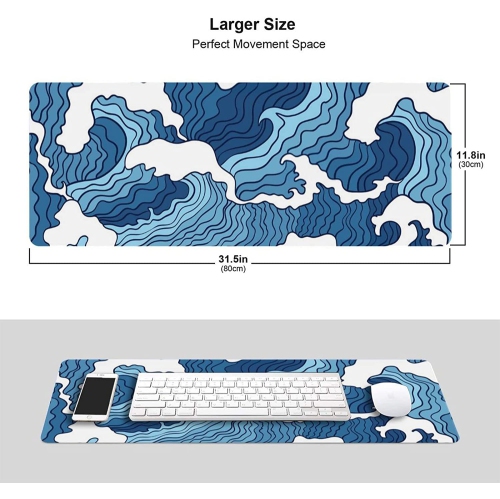 Japanese Blue and White Wave Gaming Mouse Pad XL Non-Slip Rubber Base Mousepad Stitched Edges Desk Pad Extended Large Mice Pad 31.5×11.8 Inch