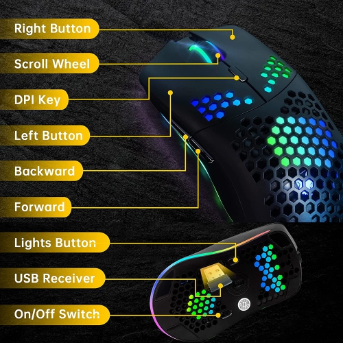 Wireless Gaming Mouse,Computer Mouse with Honeycomb Shell,11 RGB Backlit,3,400 DPI,6 Programmed Buttons,USB Receiver,Power Saving,Wireless Mouse for
