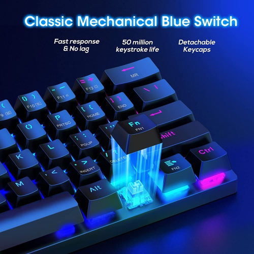 60% Wireless Mechanical Gaming Keyboard, 2.4G/USB-C/Bluetooth Keyboard with RGB Backlit, Clicky Blue Switch, 61 Keys Portable Mini Keyboard for