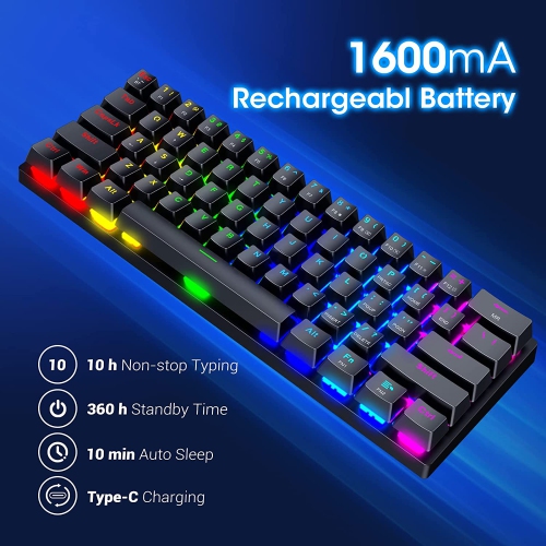 60% Wireless Mechanical Gaming Keyboard, 2.4G/USB-C/Bluetooth Keyboard with RGB Backlit, Clicky Blue Switch, 61 Keys Portable Mini Keyboard for