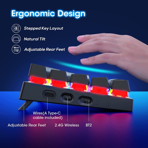 60% Wireless Mechanical Gaming Keyboard, 2.4G/USB-C/Bluetooth Keyboard with RGB Backlit, Clicky Blue Switch, 61 Keys Portable Mini Keyboard for