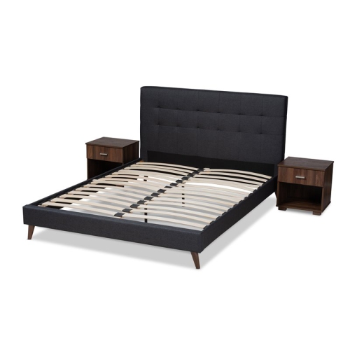 Baxton Studio Maren Queen Dark Grey Platform Bed with Two Nightstands