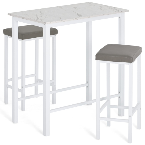 HOMOOI 3-Piece bar Table and Chairs Set, Faux Marble Kitchen Table Set with 2 Backless Stools, White