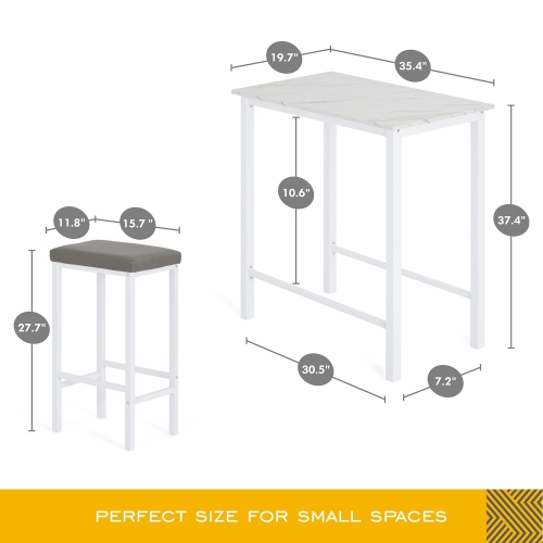 HOMOOI 3-Piece bar Table and Chairs Set, Faux Marble Kitchen Table Set with 2 Backless Stools, White