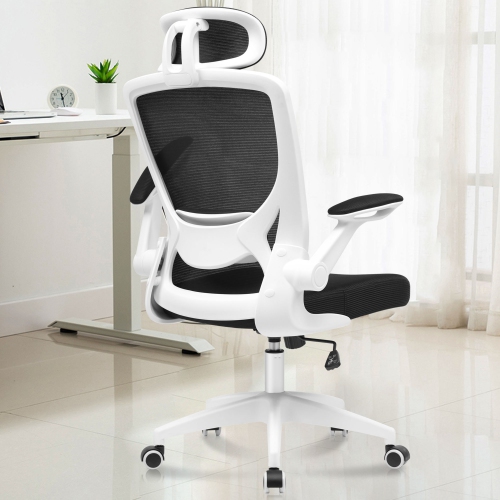 MINLOVE  Breathable Mesh Desk Chair With Headrest And Flip-Up Arms (White)