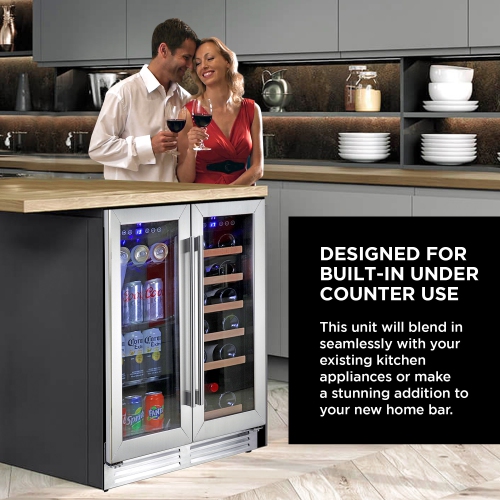 Koolatron 24 In Built-In Under-Counter Dual Zone French Door Wine and Beverage Fridge w/ lock, Digital Temperature Control, Stainless Steel Door