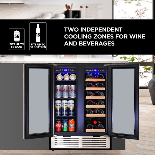 Koolatron 24 In Built-In Under-Counter Dual Zone French Door Wine and Beverage Fridge w/ lock, Digital Temperature Control, Stainless Steel Door