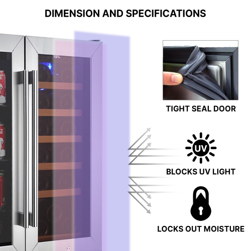 Koolatron 24 In Built-In Under-Counter Dual Zone French Door Wine and Beverage Fridge w/ lock, Digital Temperature Control, Stainless Steel Door