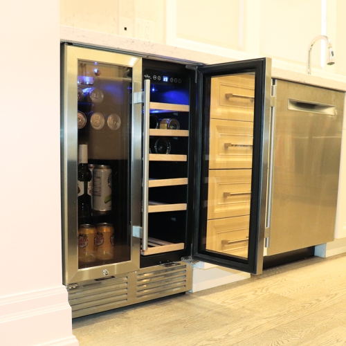 Koolatron 24 In Built-In Under-Counter Dual Zone French Door Wine and Beverage Fridge w/ lock, Digital Temperature Control, Stainless Steel Door