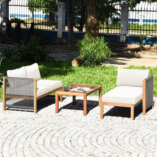 GYMAX  3PCs Patio Acacia Wood Sofa Furniture Set Thick Cushion W/ Nylon Rope Armrest In White