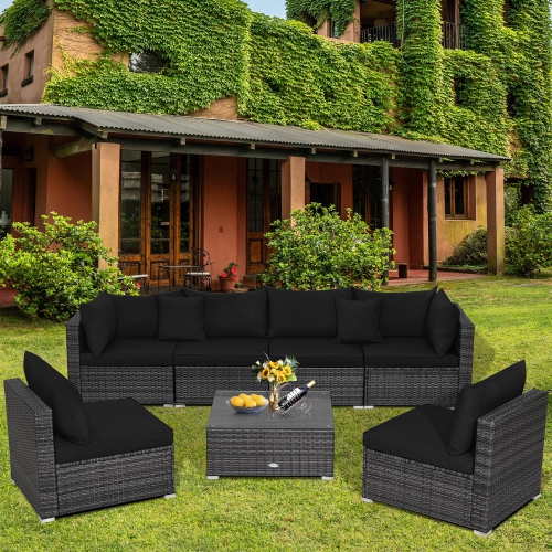 GYMAX  7PCs Patio Rattan Sectional Sofa Set Outdoor Furniture Set W/ Cushions
