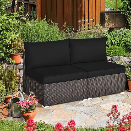 GYMAX  2PCs Patio Sectional Armless Sofas Outdoor Rattan Furniture Set W/ Cushions In Black