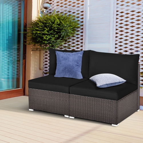Gymax 2PCS Patio Sectional Armless Sofas Outdoor Rattan Furniture Set w/ Cushions Black