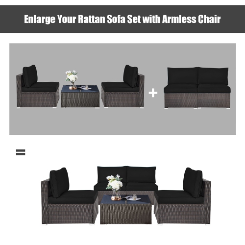 Gymax 2PCS Patio Sectional Armless Sofas Outdoor Rattan Furniture Set w/ Cushions Black