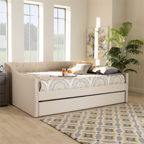Bowery Hill Queen Size Beige Upholstered Daybed with Trundle