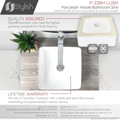 STYLISH Porcelain Rectangular 14-1/2-inches Vessel Ceramic Bathroom Sink White P-226H