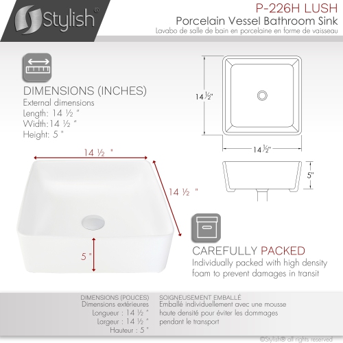 STYLISH Porcelain Rectangular 14-1/2-inches Vessel Ceramic Bathroom Sink White P-226H