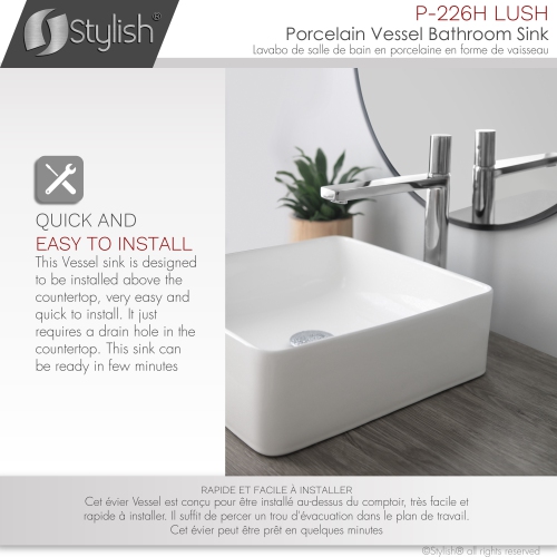 STYLISH Porcelain Rectangular 14-1/2-inches Vessel Ceramic Bathroom Sink White P-226H