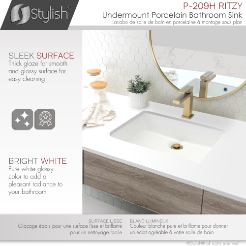 20 3/8-inch Rectangular Undermount Porcelain Bathroom Sink with Two Overflow Finishes included