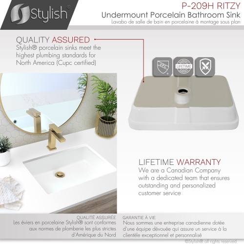 20 3/8-inch Rectangular Undermount Porcelain Bathroom Sink with Two Overflow Finishes included