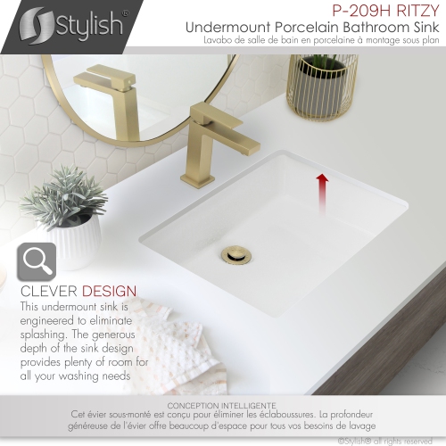 20 3/8-inch Rectangular Undermount Porcelain Bathroom Sink with Two Overflow Finishes included