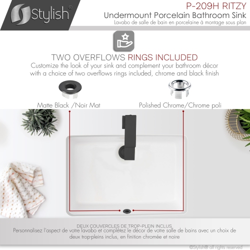 20 3/8-inch Rectangular Undermount Porcelain Bathroom Sink with Two Overflow Finishes included
