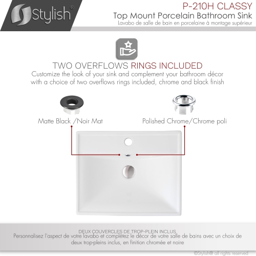 19 3/4 inch Rectangular Undermount Porcelain Bathroom Sink with Two Overflow Finishes included.