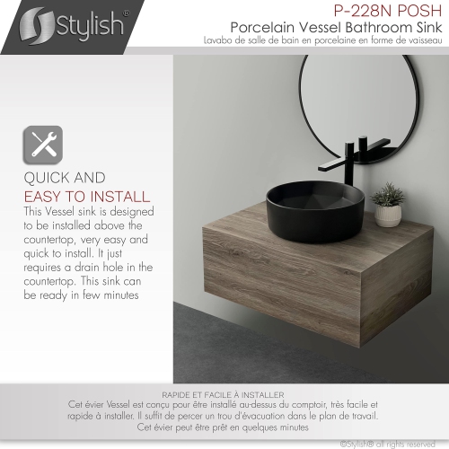 Stylish 16"W Black Round Vessel Sink P-228N