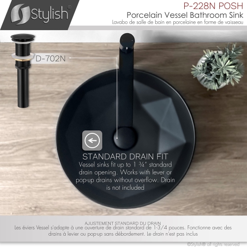 Stylish 16"W Black Round Vessel Sink P-228N