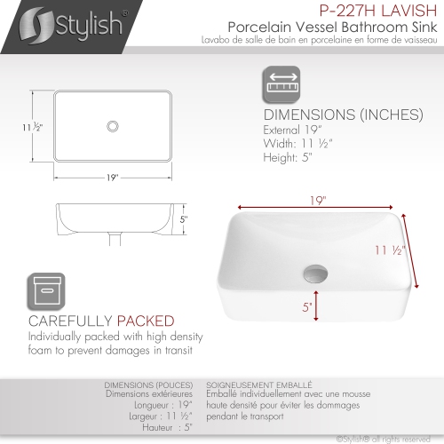 Porcelain Rectangular 18-7/8-inches Vessel Ceramic Bathroom Sink White: Lavish