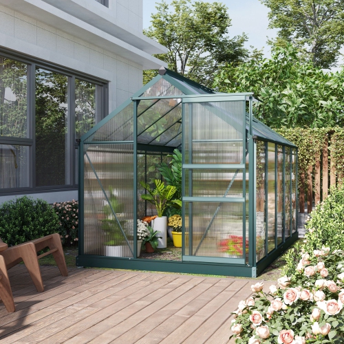 Outsunny 6' x 10' x 6.6' Polycarbonate Greenhouse, Walk-In Green House Kit Garden, Plants Grow, Galvanized Sheet Aluminum Frame with Rain Gutter,