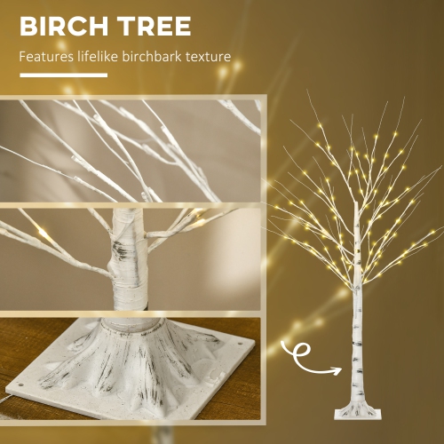 HOMCOM 5 ft Artificial Birch Tree Light with Pre-Lit LED Light for Home Party, Indoor and Covered Outdoor Use