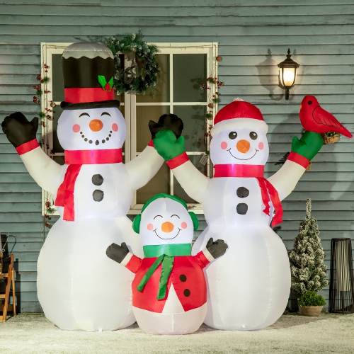 Outsunny Inflatable Christmas Decoration Snowman Family with A Red Bird, Blow-Up Outdoor LED Display for Yard, Lawn, Garden, Party