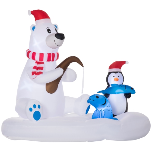 Outsunny 6ft Inflatable Christmas Polar Bear Wearing a Santa Hat with His Penguin Fishing companion on Board, Blow-Up Outdoor LED Yard Display for