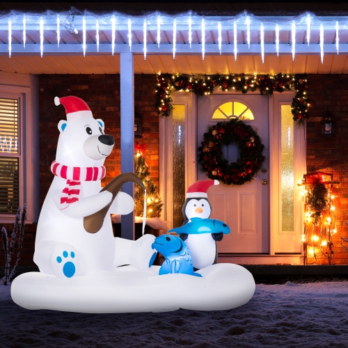 Outsunny 6ft Inflatable Christmas Polar Bear Wearing a Santa Hat with His Penguin Fishing companion on Board, Blow-Up Outdoor LED Yard Display for