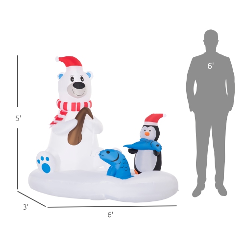 Outsunny 6ft Inflatable Christmas Polar Bear Wearing a Santa Hat with His Penguin Fishing companion on Board, Blow-Up Outdoor LED Yard Display for