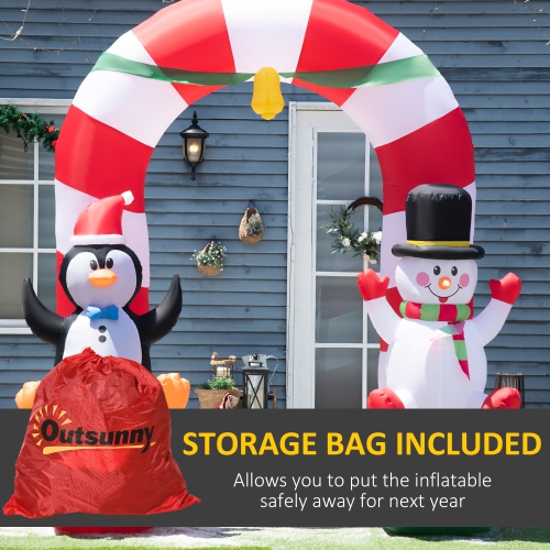 Outsunny 9ft Inflatable Christmas Candy Cane Arch with Penguin Snowman Sitting on Top of Gift Boxes, Blow-Up Outdoor LED Yard Display for Lawn Garden
