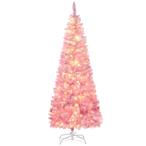 HOMCOM 6 Foot Prelit Snow Flocked Artificial Christmas Tree with Pencil Shape, 500 Pine Realistic Branches, Warm White LED lights, Auto Open, Pink an