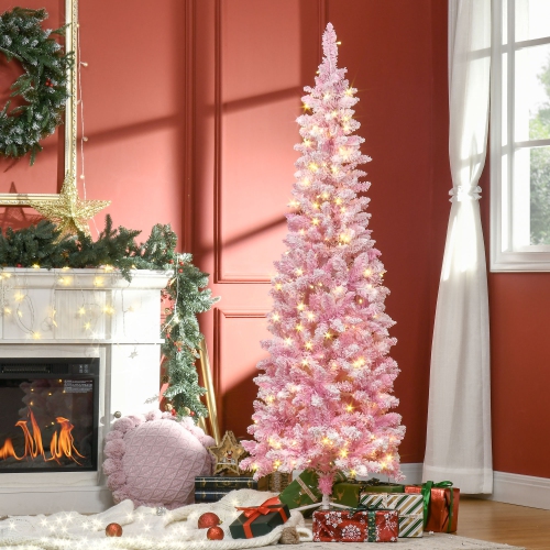 HOMCOM 6 Foot Prelit Snow Flocked Artificial Christmas Tree with Pencil Shape, 500 Pine Realistic Branches, Warm White LED lights, Auto Open, Pink