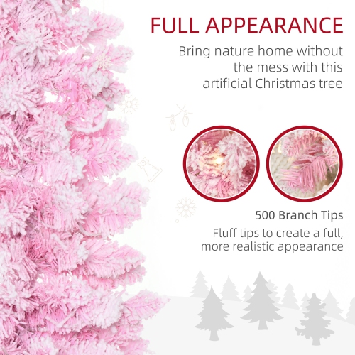 HOMCOM 6 Foot Prelit Snow Flocked Artificial Christmas Tree with Pencil Shape, 500 Pine Realistic Branches, Warm White LED lights, Auto Open, Pink