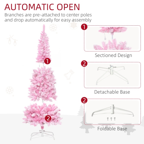 HOMCOM 6 Foot Prelit Snow Flocked Artificial Christmas Tree with Pencil Shape, 500 Pine Realistic Branches, Warm White LED lights, Auto Open, Pink