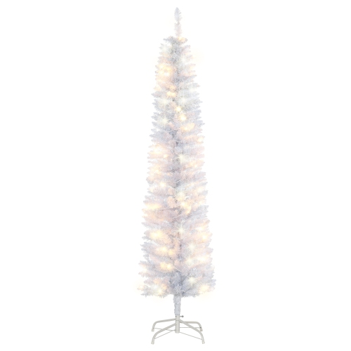 HOMCOM 6 ft. Tall Pre-lit Pencil Artificial Christmas Tree, Holiday Décor with 395 Realistic Branches, 100 LED Lights, Foldable Metal Base, White