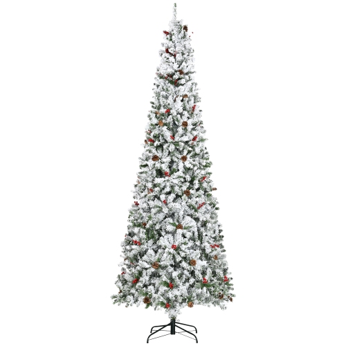 HOMCOM 9 FT Pencil Snow Flocked Artificial Christmas Tree with Pine Realistic Branches, Pine Cones, Red Berries, Auto Open, Green