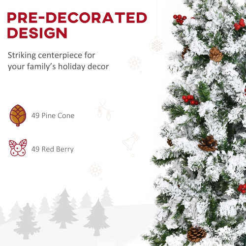 HOMCOM 9 FT Pencil Snow Flocked Artificial Christmas Tree with Pine Realistic Branches, Pine Cones, Red Berries, Auto Open, Green