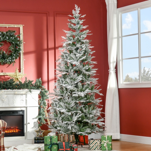 HOMCOM 7.5 FT Pencil Snow Flocked Artificial Christmas Tree with Realistic Cypress Branches, Auto Open, Green